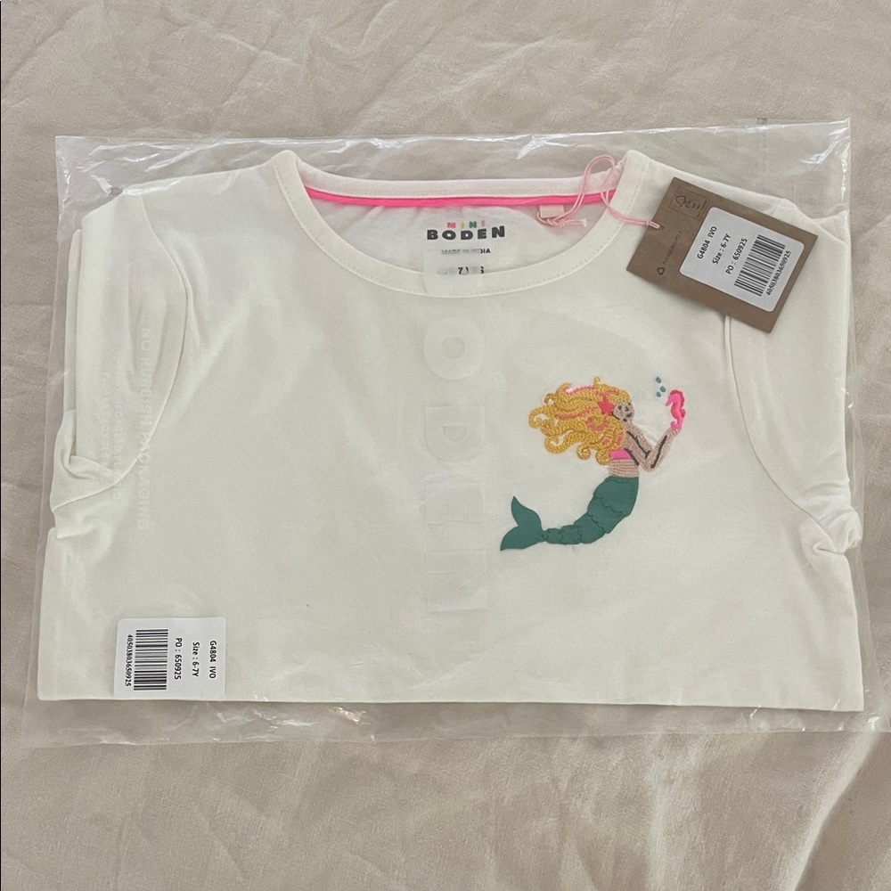 Mini Boden White Tee with Mermaid Design
